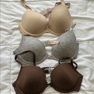 PINK Victoria's Secret Beige, Gray, and Brown Bra Trio